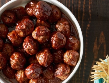 Sweet and spicy barbecue meatballs in a bowl