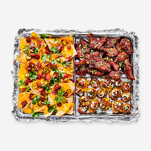 Sheet Pan Trio: Nachos, Sesame Ginger Wings, and Smashed Loaded Potatoes | Reynolds Brands