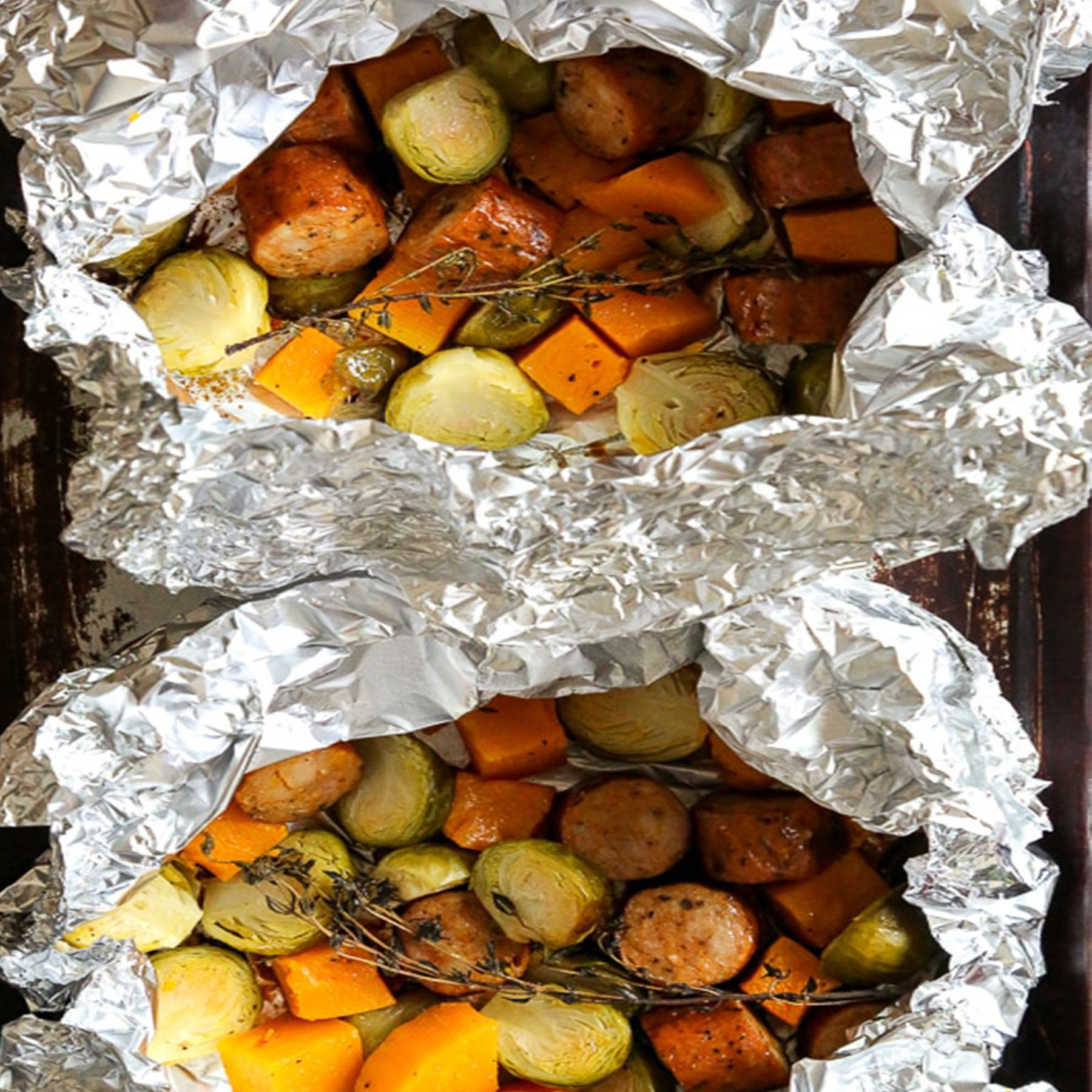 Spicy Sausage Brussels Sprouts and Butternut Squash Foil Packets | Reynolds Brands