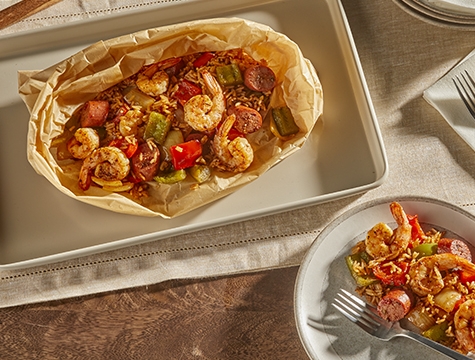 Sausage and shrimp jambalaya in a parchment cooking bag