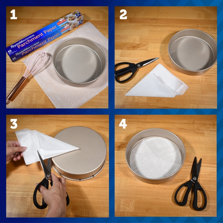 Step by step instructions on how to cut parchment paper to fit in a round cake pan