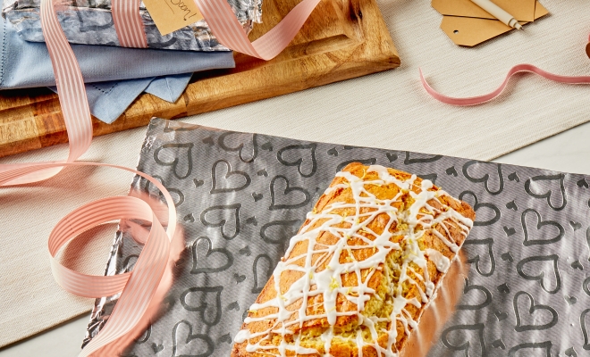 Loaf of lemon bread wrapped in Reynolds Wrap Fun Foil with embossed heart pattern