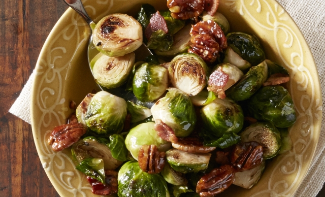 
Pancetta Brussels Sprouts with Caramelized Pecans
