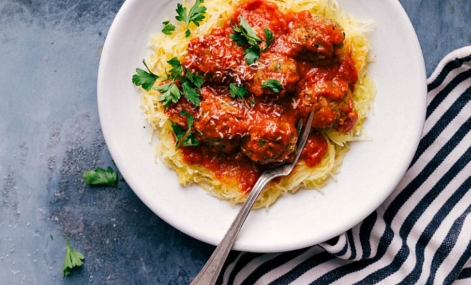 
Sheet Pan Spaghetti Squash with Turkey Meatballs
