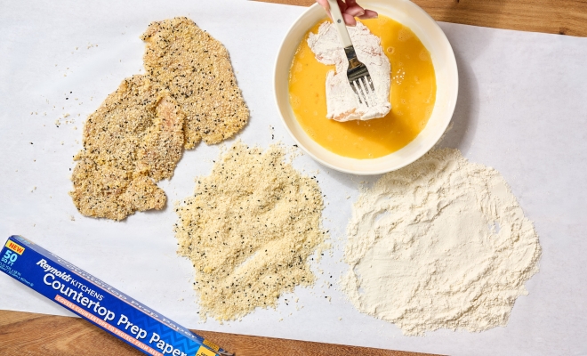 
Parmesan Crusted Chicken Cutlets with White Wine Pan Sauce
