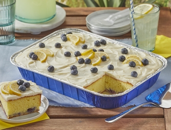 Lemon blueberry cake in a Reynolds disposable cake pan