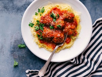 Sheet Pan Spaghetti Squash with Turkey Meatballs