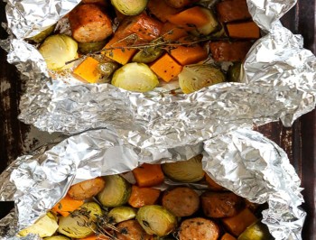 Spicy Sausage Brussels Sprouts and Butternut Squash Foil Packets